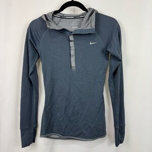 Nike Wool Blend Base Layer Long Sleeve Hooded Shirt 1/4 Snap Sz XS Navy/Grey